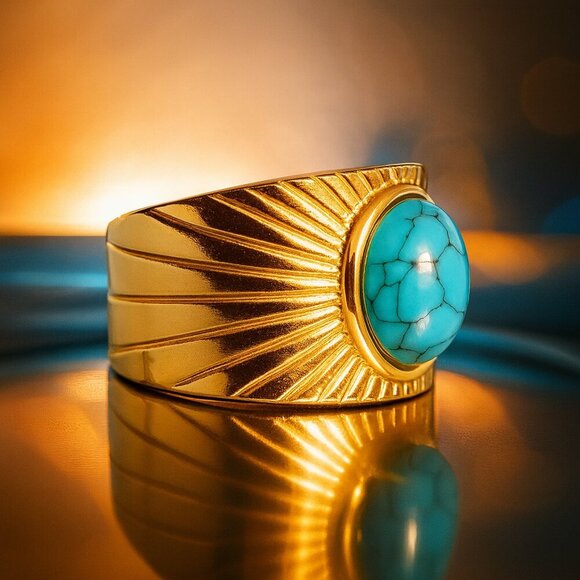 🆕️Sunburst Boho Chic 14K Gold Plated Adjustable Turquoise Statement Ring 🌞💙 - Picture 5 of 11